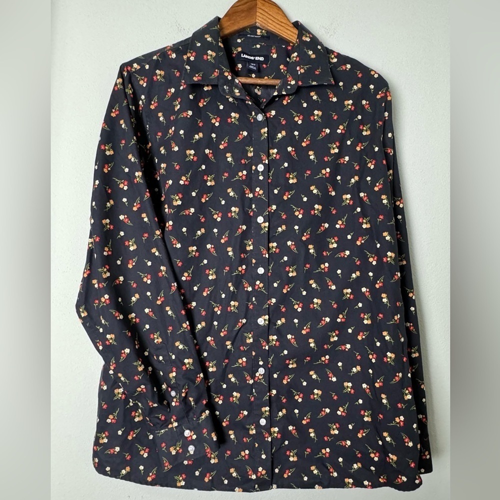 Lands’ End Women's Dark Floral No Iron Supima Long‎ Sleeve Button Down Shirt 18T